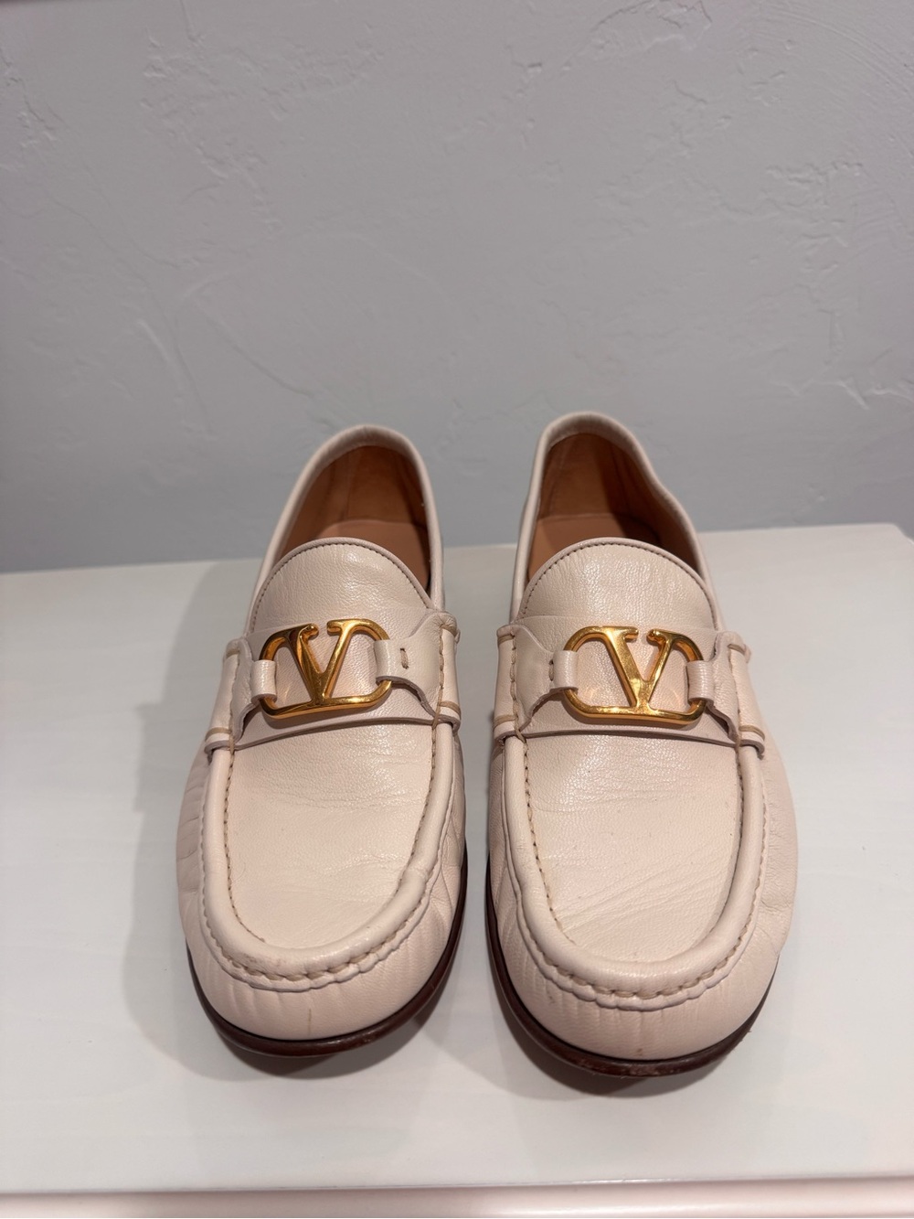 Valentino Cream Leather Slip-On Loafers with Gold LV Hardware
